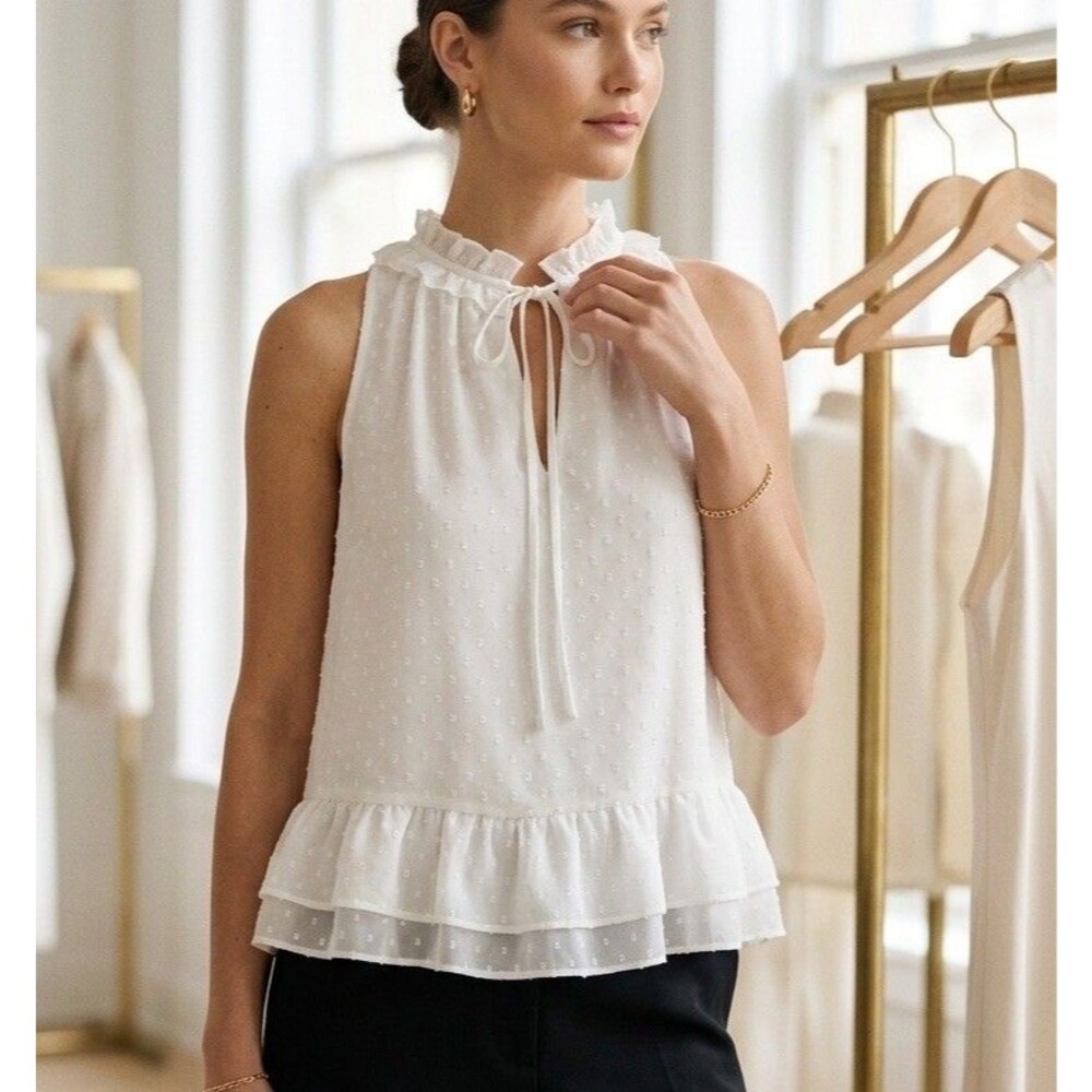 CeCe White Clip Dot Sleeveless Ruffle Neck Tiered Hem Keyhole Blouse Top Small